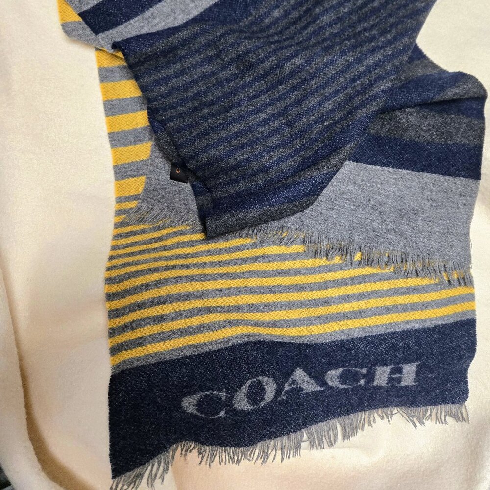 Unisex Wool/Cashmere Coach Scarf with Logo in Gray, Yellow and Navy